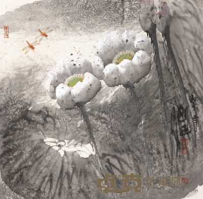 李魁正 1992年作 荷花蜻蜓 镜心 68×67cm